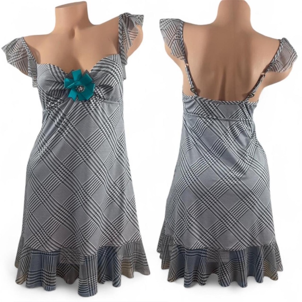Betsey Johnson Gray White Houndstooth Dress Coverup Teal Bow Rhinestones Duchess